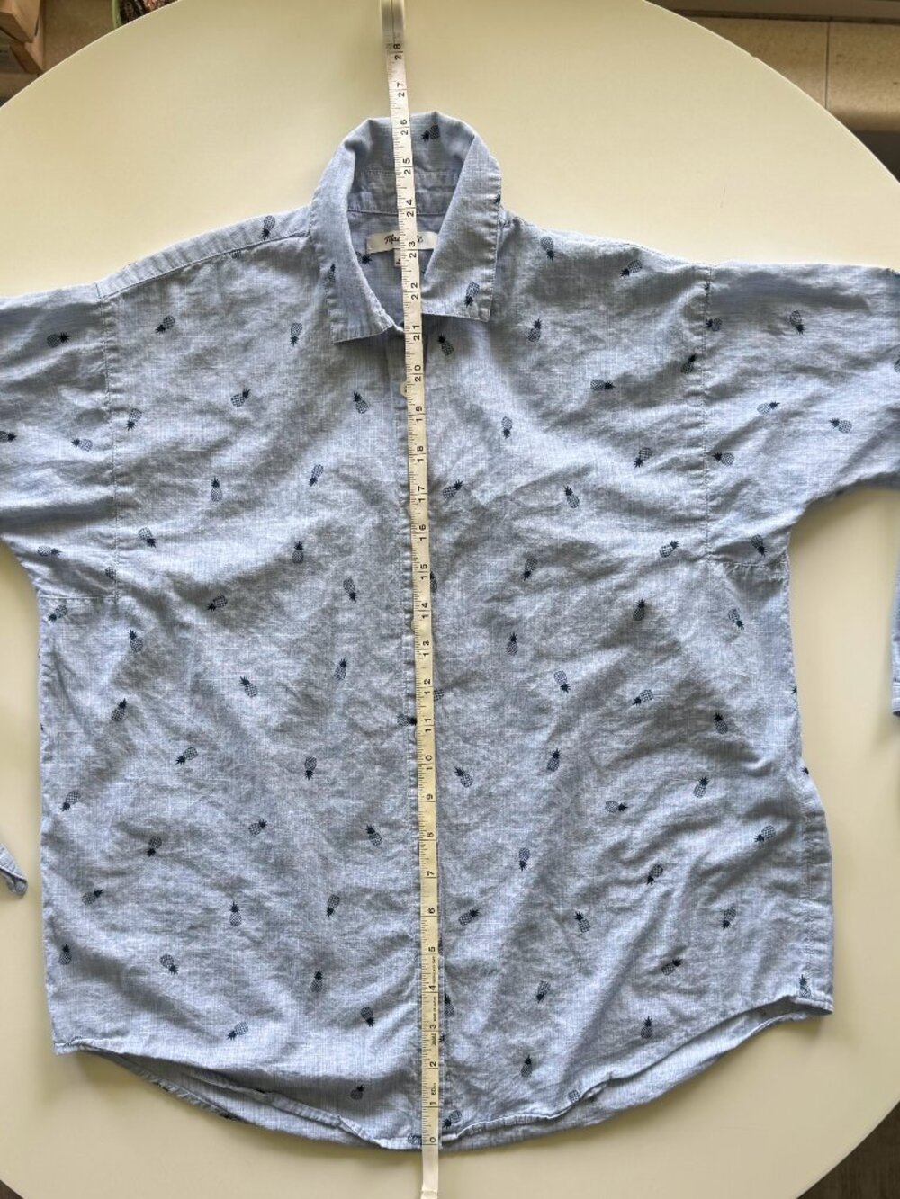 Madewell Shrunken Trapeze Shirt XS Blue Pineapple Print Button Down Tie Sleeve - Picture 4 of 9